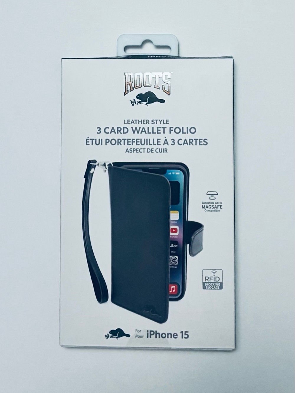iPhone 15 Roots Black Leather-Style 3 Card Wallet Folio Phone Case